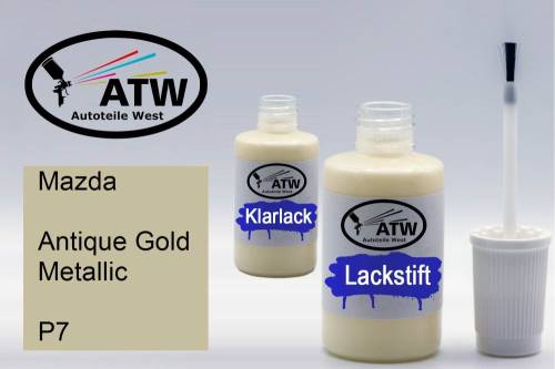 Mazda, Antique Gold Metallic, P7: 20ml Lackstift + 20ml Klarlack - Set, von ATW Autoteile West.